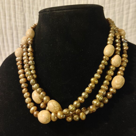 Cultured Pearl Necklace Baroque Sterling Stone Beige Cream Rock Statement Earth - Picture 10 of 16